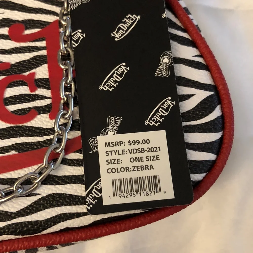 Von Dutch Zebra Print Shoulder Bag Red Trim & Logo Silver Chain + Wrench NWT